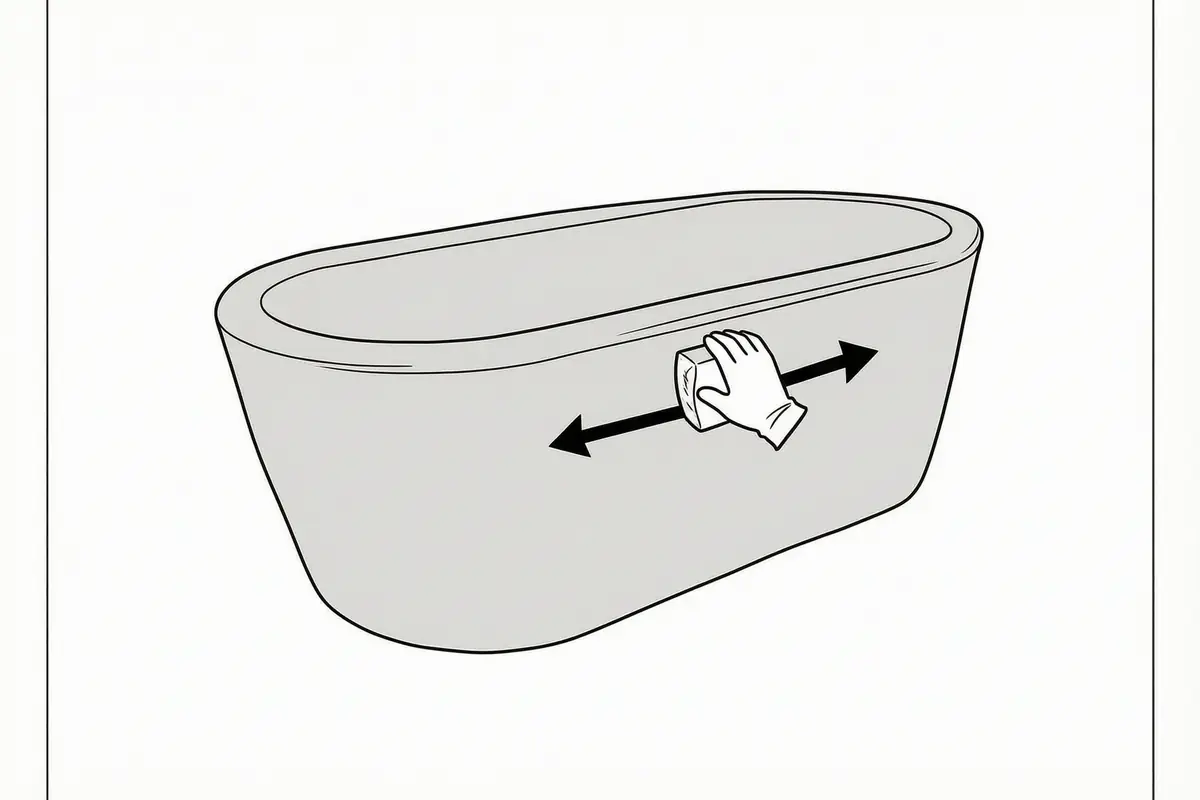 Line drawing of a gloved hand sanding the outside face of a bath with a sanding block, one bold arrow showing the back-and-forth stroke