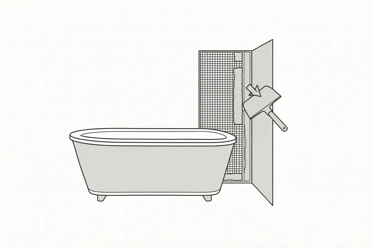 Line drawing of a mesh sheet being pressed into wet primer on the side of a bath with a wide trowel, one bold arrow showing the press
