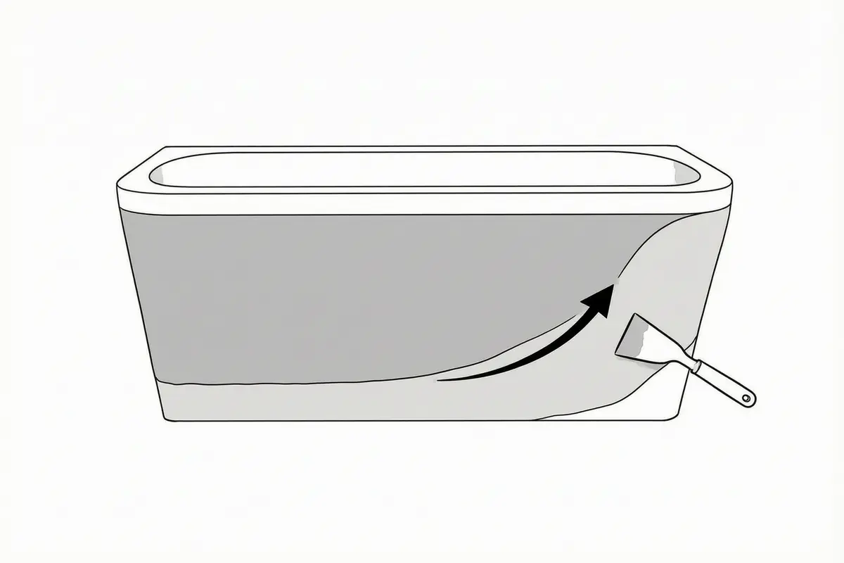 Line drawing of a steel trowel laying a thin coat of microcement across the curved side of a bath, one bold arrow following the trowel stroke
