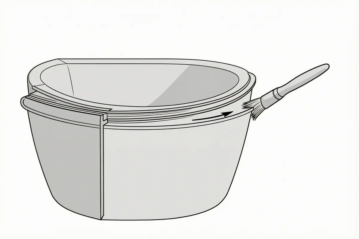 Line drawing of a brush working sealer into the rim of a bath in a crosshatch pattern, one bold arrow showing the direction