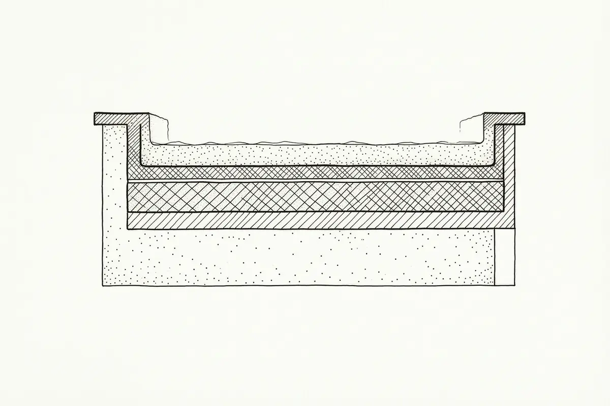 Cutaway line drawing of a built bath showing the block plinth, waterproof board, mesh and four microcement coats in section