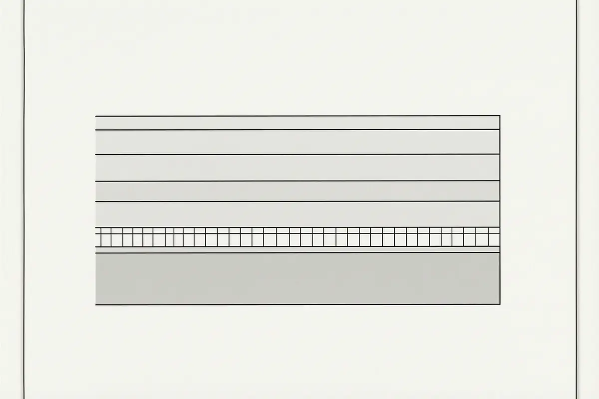 Cutaway section of a microcement floor showing, from the bottom up, the substrate, the primer, the fibreglass mesh, two base coats, two finish coats and the sealer