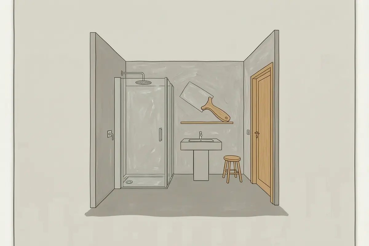 Flat illustration of a bathroom with a microcement floor and shower wall, a trowel and a pale oak stool