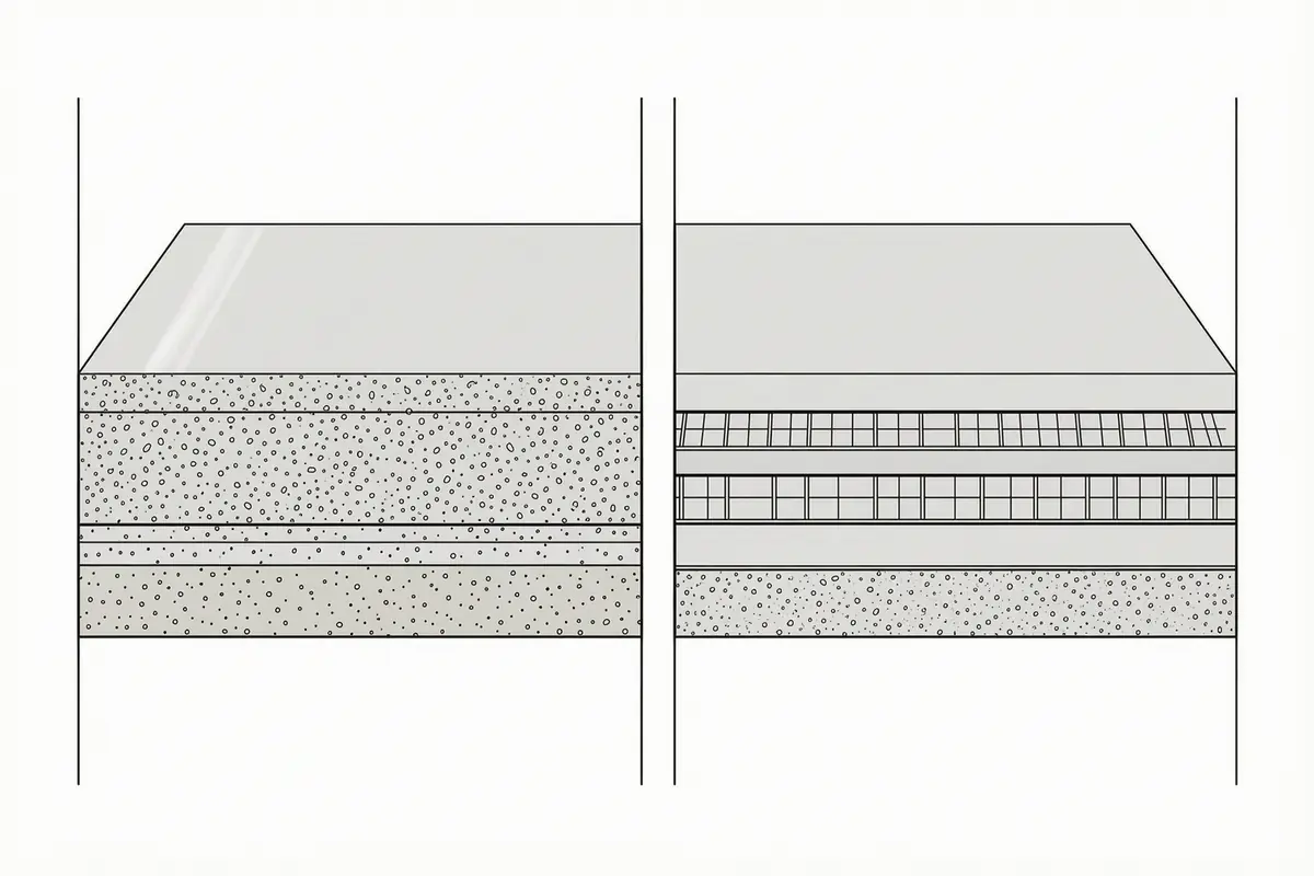 Section drawing of two floors side by side: a thick polished concrete slab ground to a sheen, and a thin microcement overlay of primer, mesh and coats over an existing floor