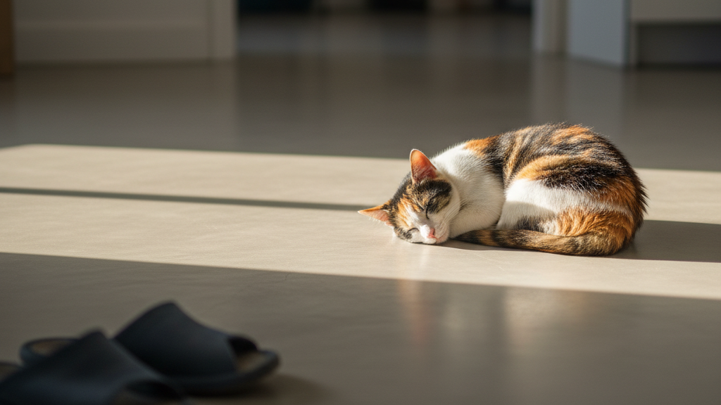 Cat curled up on a warm microcement floor — the comfort test